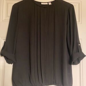 New York & Company Black Pleated Blouse with Mandarin Collar